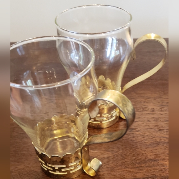 Vintage Glass Mugs with Brass Bands and Handles - Picture 10 of 16